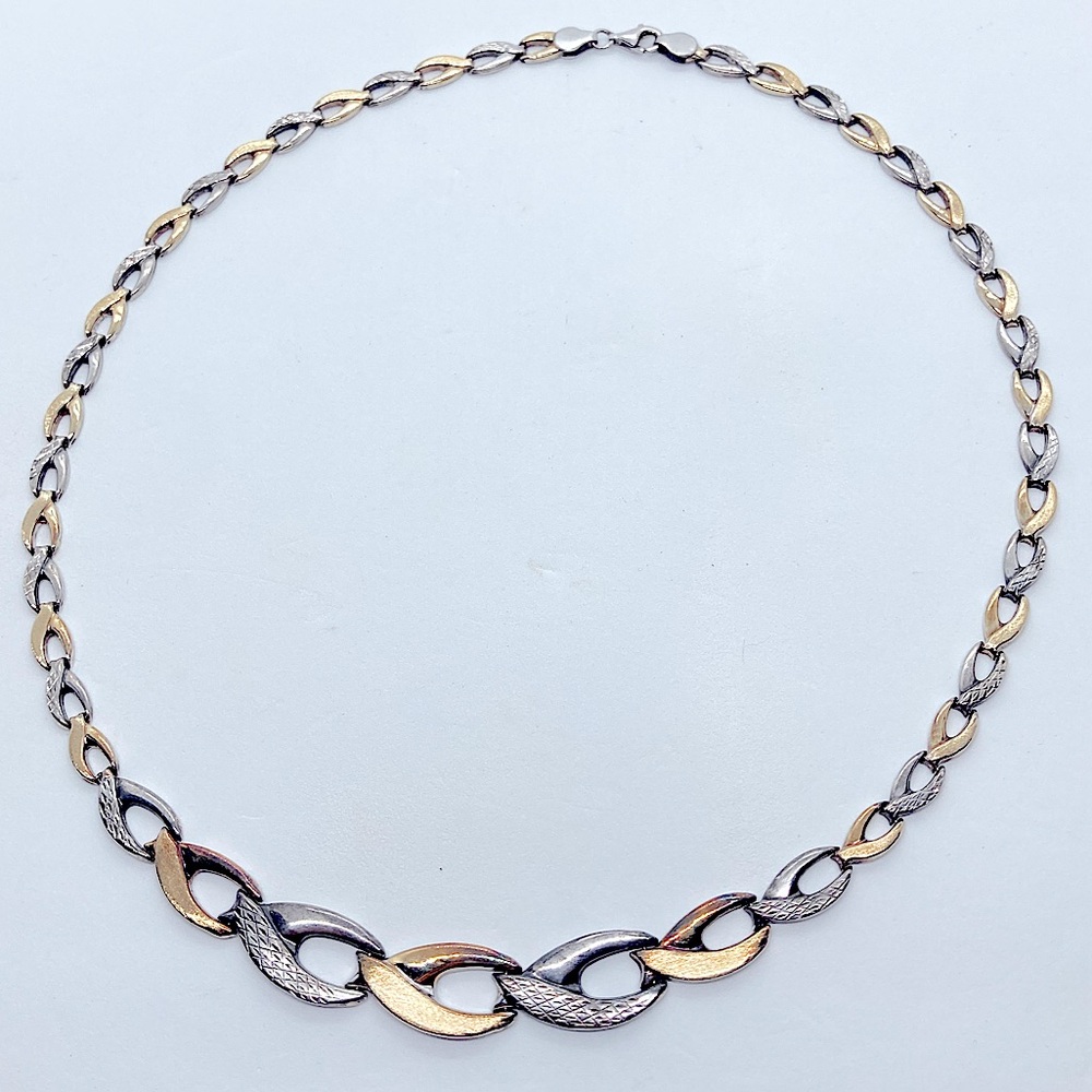 Vtg Sterling & 1/13 10k Gold Marquis Shaped Link Crosshatch Etched Necklace 18”